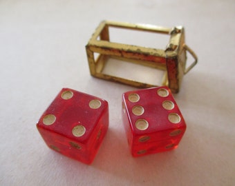 vintage red lucite dice charm - pair of dice, 60s, good luck, gambling