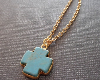 Turquoise Cross Necklace / Rustic Southwestern Cross Bezel / Turquoise Gold / Cross Necklace / December Birthstone Gift //GB15