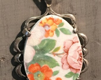 Broken China Pendant Sterling Silver Flowers