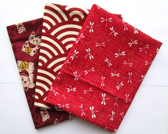 Set of 3 45 x 35 cm Japanese fabric - dragonflies and coupons manekineko - Red