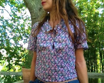 CACHAREL French VTG flowers liberty cotton cropped top shirt