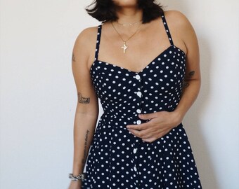 90s Blue and White Polka Dot Sundress Spaghetti Strap Front Buttons-SIze Small