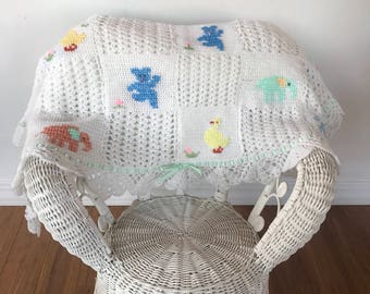 Vintage Handmade Baby Blanket with animals, vibtage animal knit baby blanket, baby boy baby girl baby banket, 35"x42", FREE SHIPPING