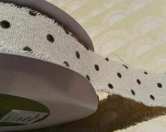 Natural Ribbon With Velvet Polka Dots - Brown Trim - May Arts Ribbons - 1 1/2" Wide - 10 1/2 Yards - Last of Spool - Destash Sale