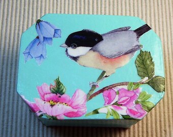 Decoupage trinket box with chickadee and flowers