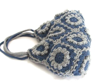 Denim blue flowers tote bag crochet shoulder purse granny squares crochet purse everyday tote floral handbag boho crochet bag summer tote