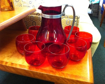 MacBeth-Evans Ruby Red Hostess Pitcher Aluminum Handle/Lid & 8 12 oz. Roly Polys
