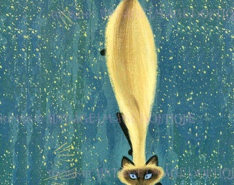 Fabulous 1950's Kitschy Illustration Of A Siamese Cat & A Tree Ornament Christmas Seasonal Winter Solstice Holiday 5x7 Greeting Card