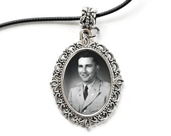 Silver Photo Charm. Necklace Pendant or Wedding Bouquet Photo Charm. CUSTOM Oval #2. Vintage Photo Jewelry. Memorial Gift Idea for Her