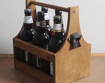 6 x Bottle Vintage Wooden Beer Carrier Holder + Cast Iron Bottle Opener - 5th/6th Anniversary Christmas Man Dad Men Fathers Day Gift - BC01