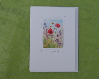 watercolor notecard, original painting, poppies with wildflowers, blank card, tiny original painting