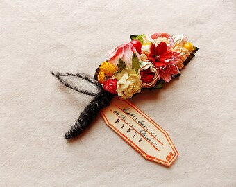 Pink daffodil buttercream blush roses red yellow berries hand crafted vintage style millinery flower corsage pick