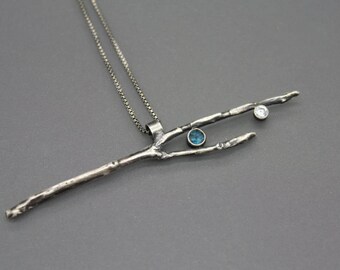 Branch Necklace, Branch Jewelry, Branch Pendant, Tree Jewelry, Tree Necklace, Tree Pendant, Silver Branch, Zircon, Nature Jewelry