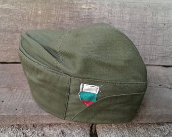 Vintage Military Army Soldier's Hat , Green Canvas Hat from 1970s, Unused Soldier's hat with leather lining