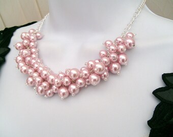 Set of 6 Necklaces, Pearl Beaded Necklace, Bridal Jewelry, Cluster Necklace, Chunky Necklace, Bridesmaid Gift, Custom Colours - Pink Pearls