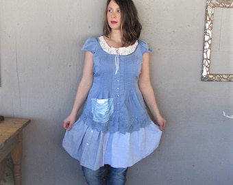 upcycled summer dress Bohemian clothing Gypsy recycled blue cotton tunic fun clothes X L Boho Statement dress reclaimed LillieNoraDryGoods