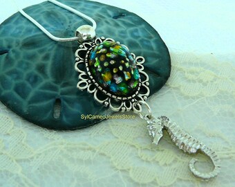 Seahorse Charm Necklace Foil Glass Pendant Jewelry by SylCameoJewelsStore