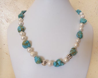 Freshwater pearls necklace, howlite stone necklace, turquoise and white necklace, stone bead necklace, My special gift