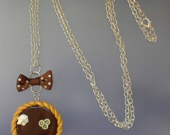 Long necklace of polymer clay chocolate tart