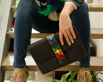 Oversize Leather Clutch Martinea Black - Wixárika Mexican Art