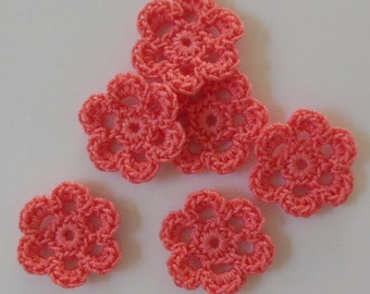 Coral Crocheted Flowers - Cotton Flowers - Crocheted Flower Appliques - Crocheted Flower Embellishments - Set of 6