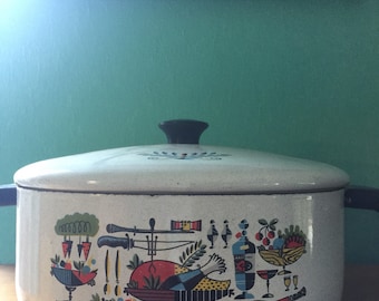 Vintage 1950s Enamelware Casserole Pan with Lid In The Style of George Briard