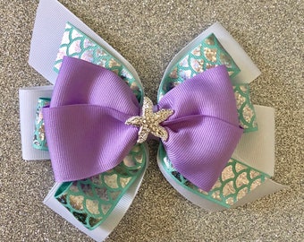 Little Mermaid Bow Ariel Hair Bow with Rhinestone Starfish Purple Mermaid Bow Disney Princess Bow Aqua Mermaid Bow with Mermaid Scale Ribbon