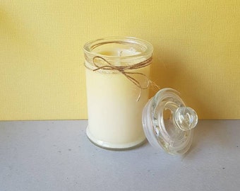 Strong scented, 100% soy wax, Coconut Mango candle in glass jar