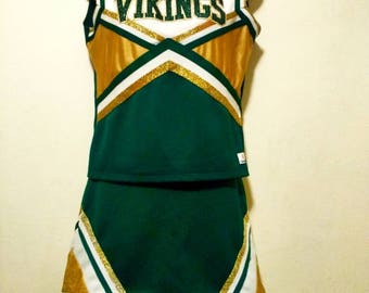 Vintage Women's Cheerleading Outfit| Green White & Gold Cheerleader Costume| Authentic West High School Vikings Cheerleader Uniform|Retro