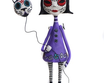 Day of the Dead Cat - Dia de los muertos - Cat Art Doll - Mexican Folkart - Made to Order