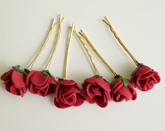 Bridal Hair Accessories, dark pink Rose, pink flower Hair Bobby Pins- set 6