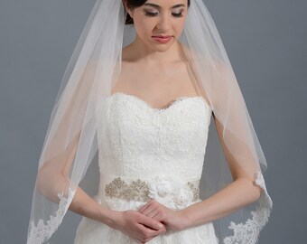 wedding veil, bridal veil, elbow length veil, alencon lace veil, wedding veil ivory