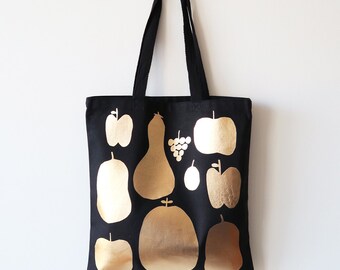 Gold Fruits Black Canvas Tote Bag