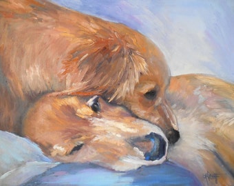 Dog Painting, Golden Retriever Painting, 14x18 dog art, "Puppy Love" by Carol Schiff, Free Shipping in US