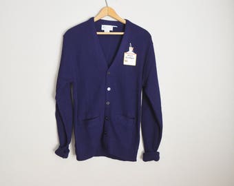 vintage 70s navy blue acrylic deadstock cardigan sweater -- mens small-- womens medium