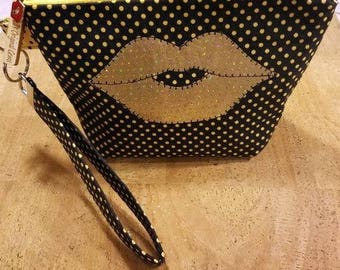 LipSense wrist-let bag, direct sales purse, black and Yellow Polk a Dots, holds 22 lipsticks & additional supplies, golden lips