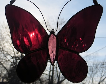 Stained Glass Butterfly Suncatcher Burgundy Purple - Made to Order (SUN004)