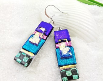 Dichroic glass earrings, fused glass earrings, glass earrings, dichroic jewelry, rainbow jewelry, blue earrings, dichroic glass,glass fusion