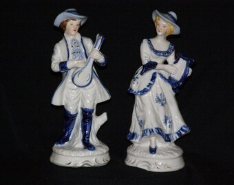 Vintage Orleans Porcelain Man with Mandolin Lady with Harp Blue White with 22k Gold Accents Hand-Painted