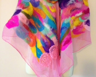 Colourful Nuno rainbow felted shawl