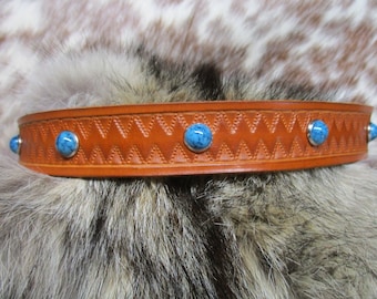 Leather Hatband, Custom Leather Hatband, Cowboy Hatband, Tooled Leather Hatband with Turquoise Dome Spots