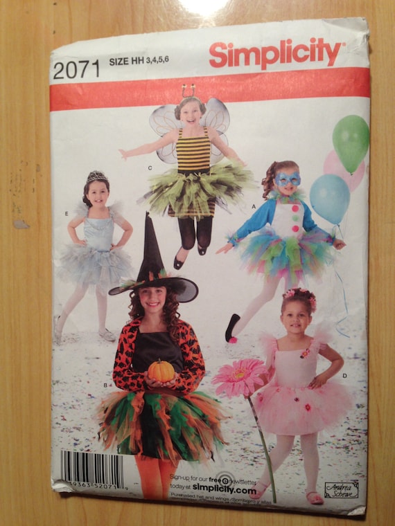 Simplicity 2071 Sewing Pattern Girl's Costume Princess, Witch, Bumble Bee, Ballerina and Jester Size 3-6