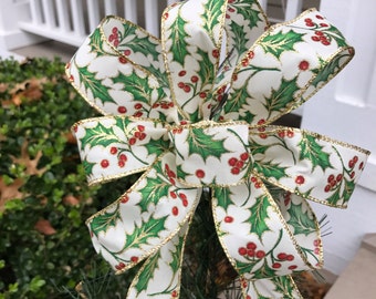 Small Christmas Tree Topper Bow with Long Tails - Holly Berry Ribbon