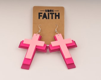 MDRN Faith Genesis 37 Tiered Pink Cross Christian Earrings - Handmade Jewelry for Women - Gifts That Give Back to Charity