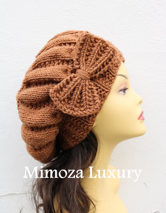 Caramel Brown Woman Hand Knitted Hat with Bow, Caramel Beret hat with bow, brown knit hat, slouchy knit women's hat with bow, winter hat