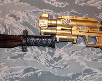Sale. 19" 'Golden Gun' prop with bayonet, art, steampunk, dieselpunk, cosplay, larp, costume, sci fi, weapon, one of a kind, non firing