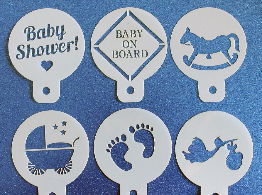BABY SHOWER Pack Of 6 Cupcake Stencils With Stork Pram Rocking Horse BABY SHOWER Pack Of 6 Cupcake Stencils With Stork Pram Rocking Horse