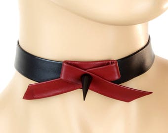 Cute Red Ribbon Tie Leather Choker w/ Spike Alternative Collar - FC272RED