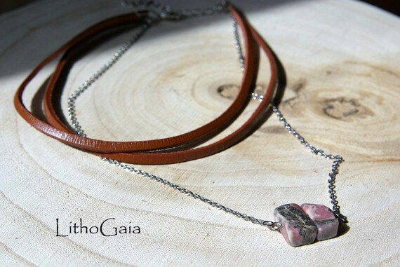 Rhodochrosite Necklace, Leather Choker & Stainless Steel Chain, Rhodochrosite Jewelry, Crystal Necklaces, Gift for Her, Gemstone bar Choker