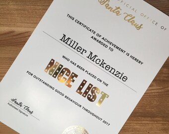 Personalised Hand Foiled Santa Nice List Certificate